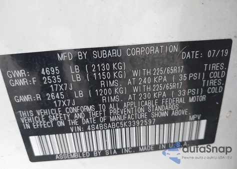 2019 Subaru Outback 2.5I z USA, uszkodzony, nr VIN 4S4BSABC5K3392597